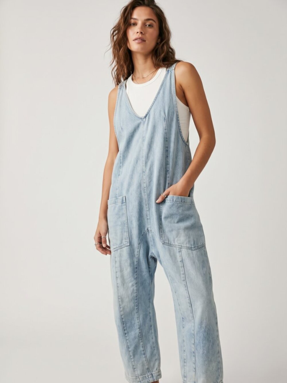 Free People We The Free High Roller Denim Jumpsuit Overalls Light Wash Size M